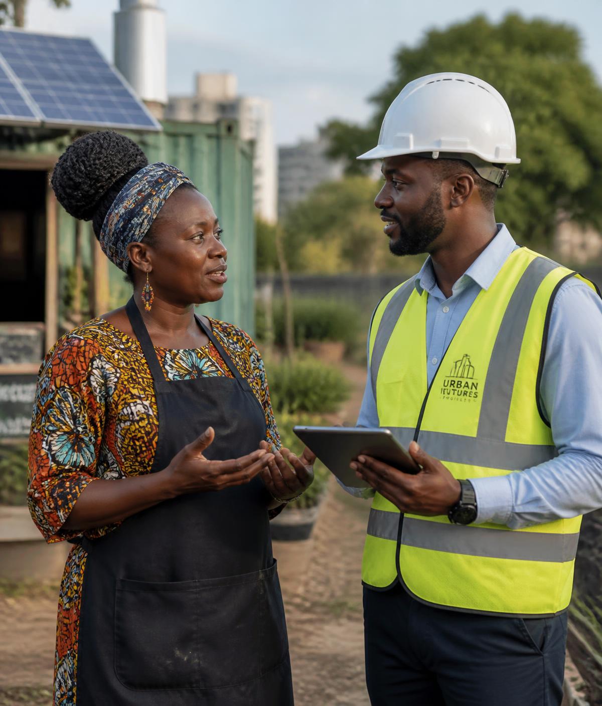 Local SMME owner in conversation with a project manager on a sustainable development site